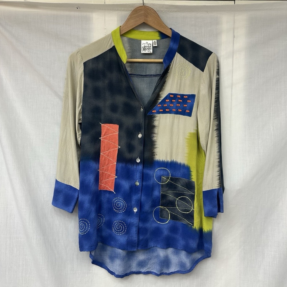 Parsley & Sage Size Small Button Down Top‎ Multicolor Artsy Abstract 100% Rayon
